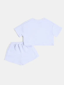 SUMWON Bộ áo croptop và quần short đồng bộ cho bé gái, phối cùng họa tiết vỏ anh đào thêu hình trái cây mùa hè, màu tím oải hương. - Màu Lilac Tím - Xem 2