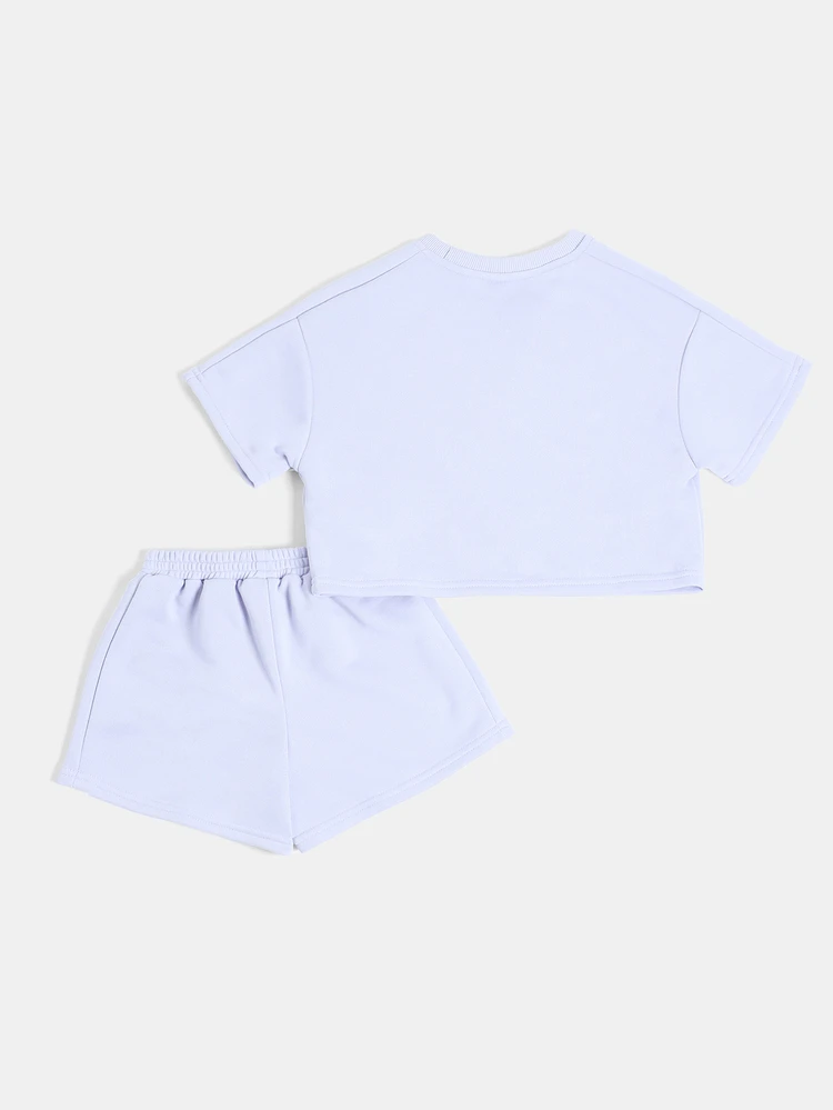 Set coordinato di top corto e pantaloncini per ragazze, con ricami di frutti estivi e ciliegie, colore lavanda