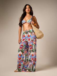AiiRZ Tropical Printed Wide Leg Beach Trousers With Drawstring Waist, Summer Vacation Resort Pant - Multicolor - View 3