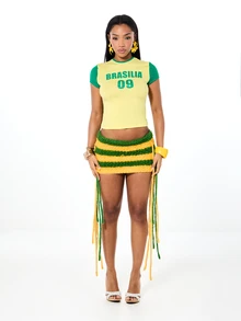 SUMWON Maglietta crop grafica Brasilia 09 con blocchi di colore, t-shirt girocollo a maniche corte, taglie comode - Giallo - Visualizzare 3