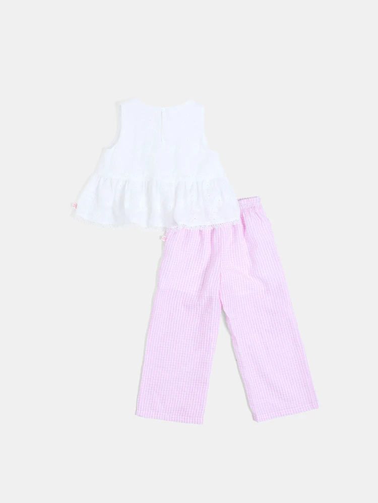 Conjunto de top de tirantes con peplum de bordado inglés y pantalón ancho de cuadros para niñas, conjunto informal de verano, Cuatro de Julio