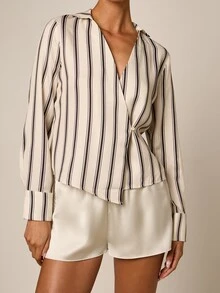 AiiRZ Stripe Cinch Waist Long Sleeve Wrap Blouse With V-Neck And Button Cuffs For Spring Summer - Multicolor - View 4