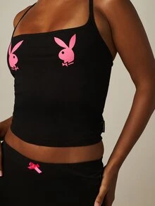 Missguided x Playboy Áo croptop cổ vuông hai dây Bunnyhead Cami với họa tiết logo đặc trưng. - màu đen - Xem 4