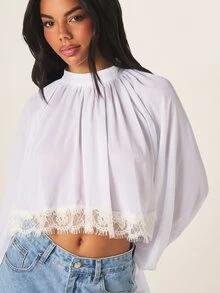 MISSGUIDED Cropped Babydoll Blouse With Lace Trim High Neck Long Bishop Sleeves Flared Cuffs Elegant Party Dinner Date Top White Summer - White - View 4