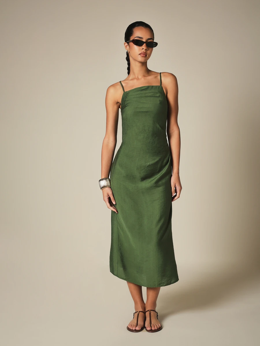 KSTM Straight Neck Midi Slip Dress With Spaghetti Straps, Open Back, And Back Slit, Summer Vacation Olive Green Casual - Green - View 1