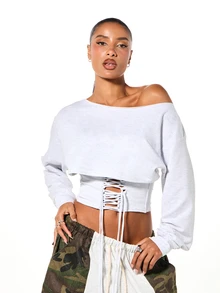 SUMWON Plus Size Off-Shoulder Lace-Up Corset Crop Sweatshirt Long Sleeve Casual Grunge Summer Top Club Light Green - White - View 1