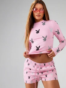 Missguided x Playboy Bunny Logo All Over Print Jogger Shorts With Elastic Drawstring Waist And Side Pockets - Pink - View 5