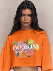 MISSGUIDED Oversized Crop T-Shirt With French Riviera Citrons Floral Graphic Print And Round Neck - Orange - View 3