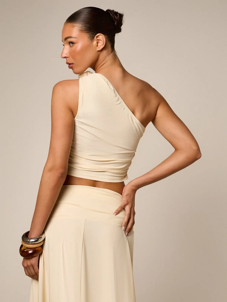 One Shoulder Crop Top With Rosette Corsage Detail