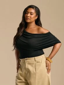 FASHION SZN 大码落肩黑色连体衣，弹力超柔软，休闲百搭，适合上班穿着，单肩垂褶上衣，小黑裙连体衣，夏季度假必备单品 - 黑色 - 查看 4