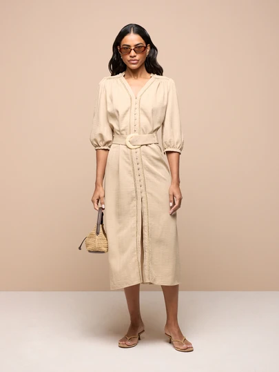 KSTM Vestido midi con botones, mangas abullonadas, detalles de trenzado y cinturón a juego en la cintura, estilo de verano