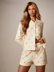 MISSGUIDED Polka Dot Long Sleeve Button-Up Pajama Set With Notch Collar And Elasticated Drawstring Shorts - Yellow - View 1