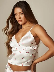 MISSGUIDED Bộ đồ ngủ gồm áo hai dây và quần short bằng vải satin in hình quả anh đào, cổ chữ V, viền ren. - trắng - Xem 4