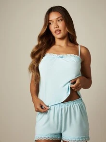 MISSGUIDED 吊带蕾丝花边蝴蝶结装饰吊带家居服，打造舒适睡衣之夜 - 藍色 - 查看 2