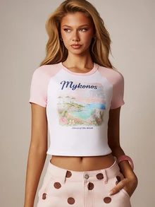 MISSGUIDED Mykonos Island Graphic Crop Raglan T-Shirt With Scenic Watercolor Print And Colorblock Sleeves - White - View 1