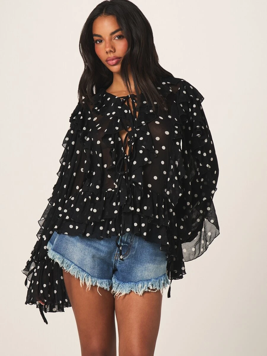 MISSGUIDED Polka Dot Sheer Chiffon Ruffle Blouse Lace-Up Tie Front Open Back Bell Sleeve Boho Festival Top - Black and White - View 1
