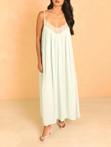 KSTM Vestido largo de noche elegante de estilo camisón con tirantes de espagueti, cuello en V y adorno de encaje - Verde - Ver 4