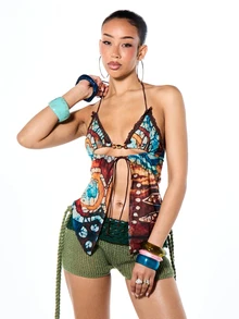 SUMWON WOMEN Áo kiểu yếm in họa tiết với dây đeo đính hạt và viền ren, kiểu dáng boho hở phía trước, thích hợp cho các lễ hội. - Nhiều màu - Xem 1