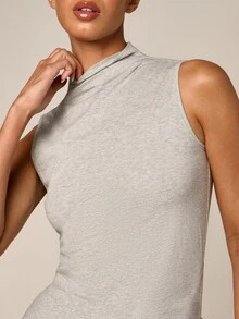 AiiRZ Mock Neck Sleeveless Tunic Tank Top With Asymmetric Hem In Heathered Jersey Knit For Spring Summer Everyday Daytime Light Grey Modest Casual - Grey - View 5