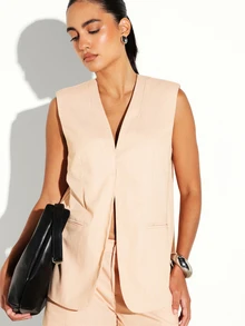 KSTM Áo blazer không tay cổ chữ V có túi phía trước, áo vest dáng dài ôm sát, phong cách công sở mùa hè thanh lịch. - Màu Cam san hô - Xem 4