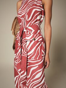 KSTM Zebra Print Sleeveless Midi Dress With Round Neck, Tie Waist Belt And Cargo Pockets, Summer Holiday - Multicolor - View 6