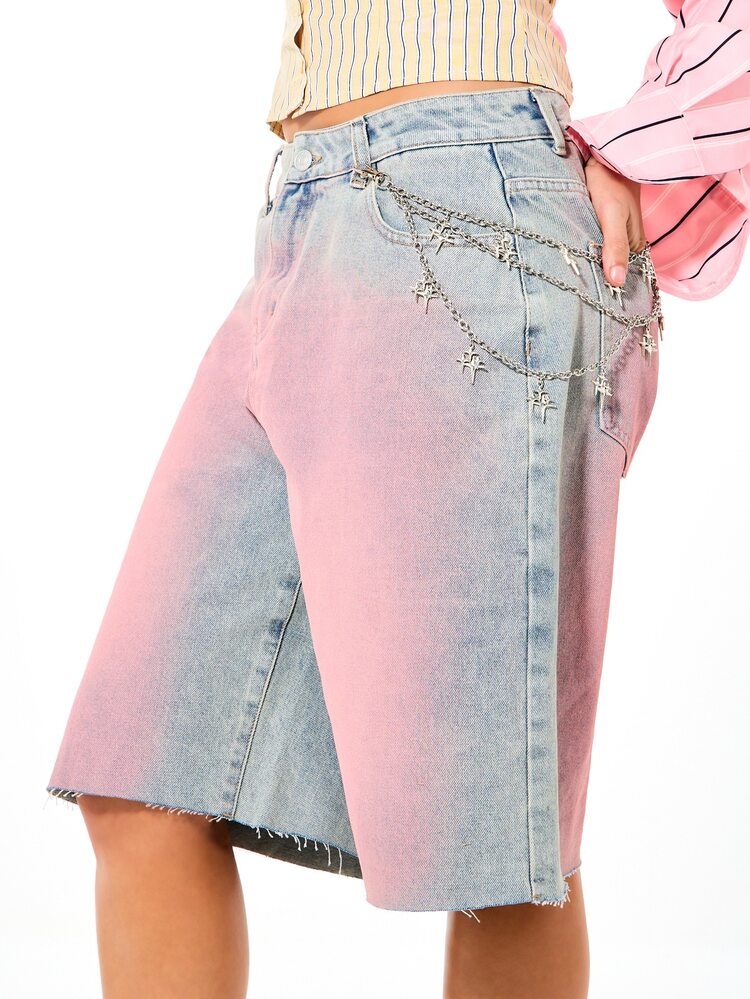Plus Size Acid Wash Denim Bermuda Shorts With Chain Detail Raw Hem Longline Summer Festival Style