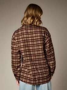 AiiRZ Oversized Retro 70s 2000s Plaid Flannel Button-Down Shirt With Long Sleeves And Classic Point Collar For Summer Back-To-School Everyday Brown Plaid - Multicolor - View 2