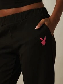 Missguided x Playboy Script Logo Straight Leg Capri Pants With Bunny Emblem Side Pocket Detail Casual Style - Black - View 5