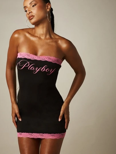 Missguided x Playboy Lace Trim Strapless Bodycon Mini Dress Script Logo Detail Party Night Out