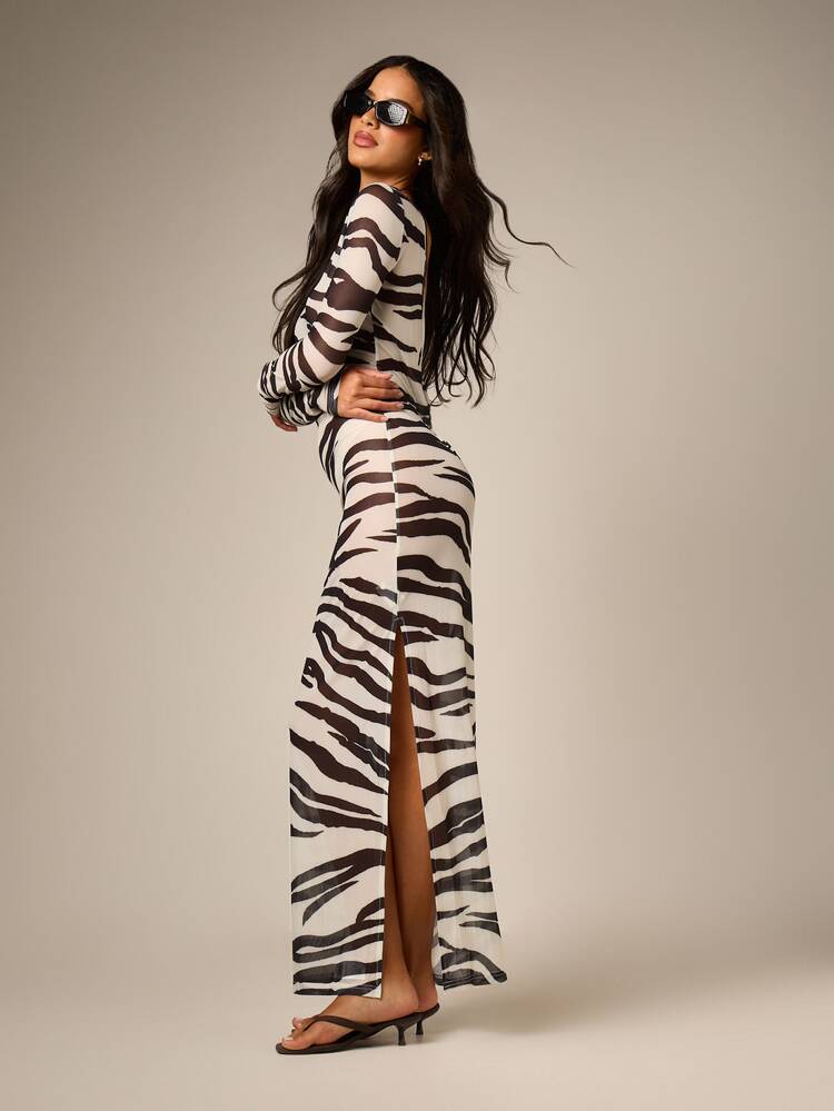 Zebra Print Mesh Maxi Dress With Open Back