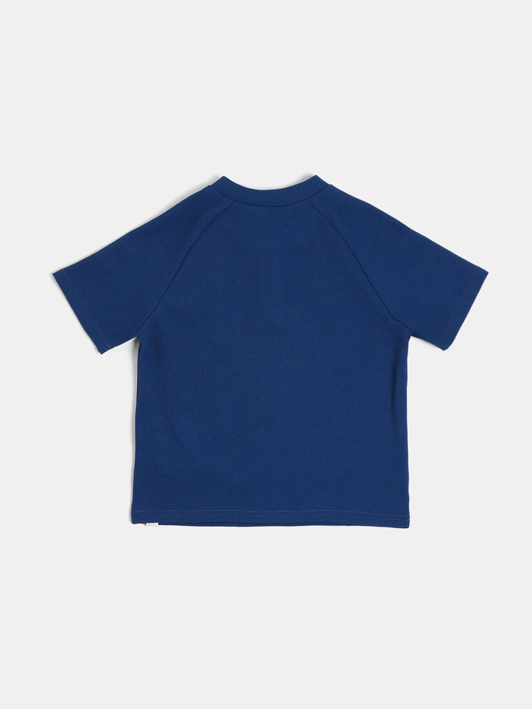 Boys Waffle Knit Henley T-Shirt With Tennis Racket Badge Chest Patch Short Sleeve Age 4