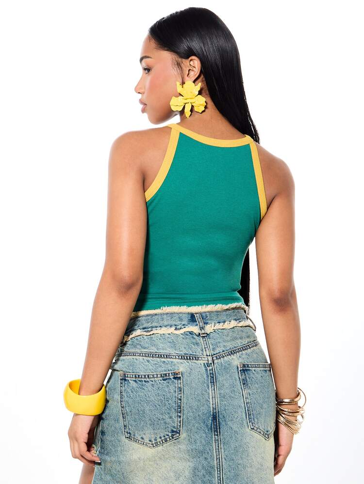 Plus Size Star Print Ribbed Crop Tank Top With Contrast Trim Detail Festival Summer Vacation Style