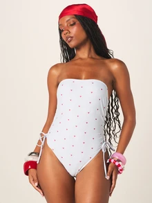 MISSGUIDED Strapless Bandeau One-Piece Swimsuit With Ruched Side Ties And Allover Heart Print Summer Beach - Multicolor - View 4