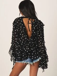 MISSGUIDED Polka Dot Sheer Chiffon Ruffle Blouse Lace-Up Tie Front Open Back Bell Sleeve Boho Festival Top - Black and White - View 2