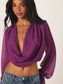 MISSGUIDED Áo croptop bằng vải chiffon mỏng nhẹ, cổ chữ V khoét sâu, tay dài phồng, thích hợp cho buổi tối đi chơi và các sự kiện mùa hè. - Màu tím - Xem 5
