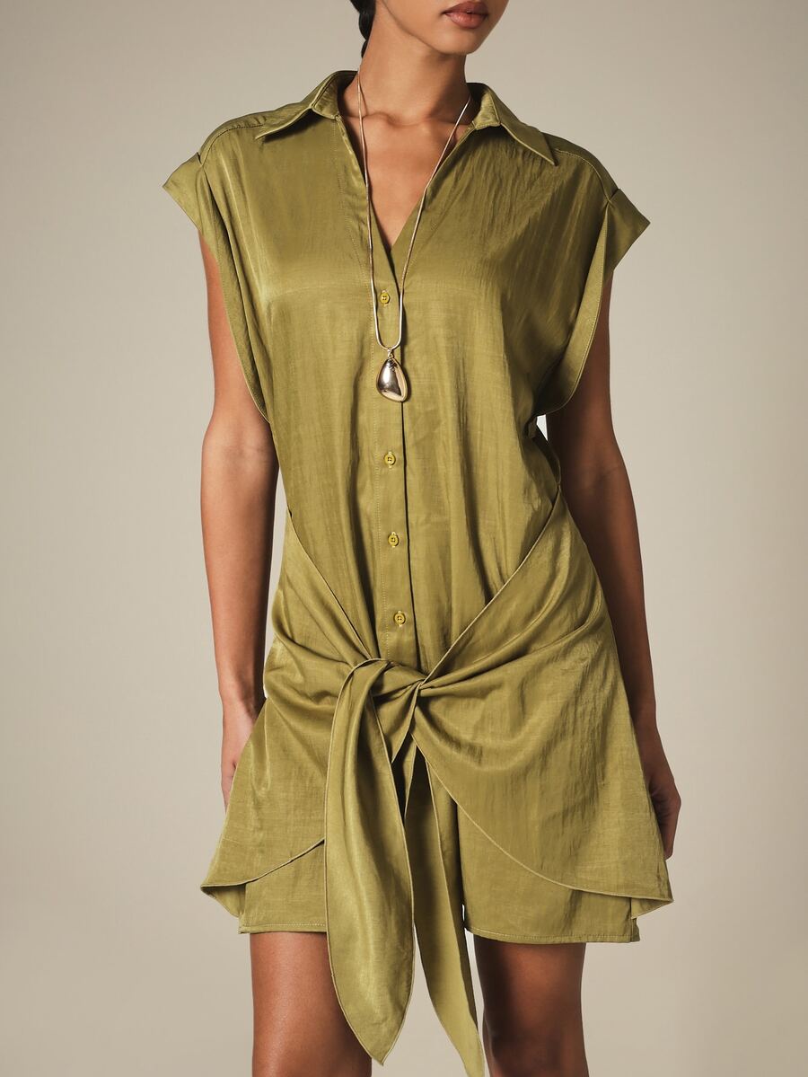 KSTM Sleeveless Button-Down Tie-Front Mini Shirt Dress With Classic Collar  And Cap Sleeves Summer VacationMISSGUIDED