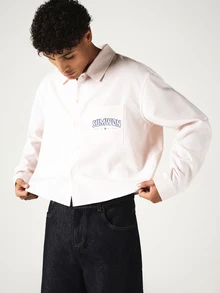 SUMWON Striped Oxford Cropped Shirt With Chest Pocket Logo Print Long Sleeve Button-Up Spring Summer - Pink - View 8