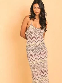 KSTM Đầm maxi dệt kim họa tiết zigzag với cổ tròn, dây đeo mảnh và viền ren. - Nhiều màu - Xem 4