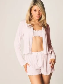 MISSGUIDED 长袖纽扣上衣、短裤和胸罩 - 粉色 - 查看 3