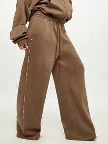 SUMWON Plus Size Wide Leg Sweatpants With Button Side Stripe Detail And Drawstring Elastic Waist Casual Joggers Winter - Brown - View 1