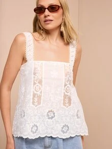 KSTM Floral Lace Embroidered Cami Top With Square Neck Scallop Hem And Sheer Panels Summer Boho Style - White - View 1
