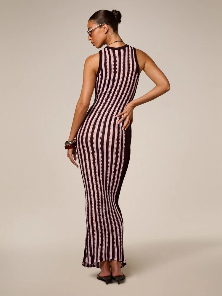 Stripe Knitted Sleeveless Midi Dress For Summer Holiday And Beachside Styling