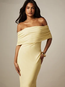 MISSGUIDED Off-Shoulder Bardot Maxi Dress With Ruched Bodice And Side Slit, Elegant Evening Summer Gown - Pale Yellow - View 4