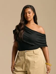 FASHION SZN 大码落肩黑色连体衣，弹力超柔软，休闲百搭，适合上班穿着，单肩垂褶上衣，小黑裙连体衣，夏季度假必备单品 - 黑色 - 查看 1