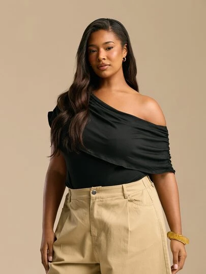 FASHION SZN 时尚季加大码修身褶皱不对称连体衣