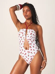 MISSGUIDED Áo tắm liền thân cổ yếm in hình quả anh đào với chi tiết khoét hở và đường cắt cao ở chân, thích hợp cho mùa hè đi biển. - Nhiều màu - Xem 5
