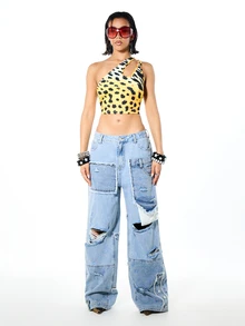 SUMWON WOMEN Áo croptop lệch vai khoét dây họa tiết da báo, áo không tay dự tiệc mùa hè. - Màu vàng - Xem 3