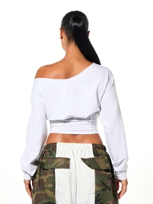 SUMWON Plus Size Off-Shoulder Lace-Up Corset Crop Sweatshirt Long Sleeve Casual Grunge Summer Top Club Light Green - White - View 2