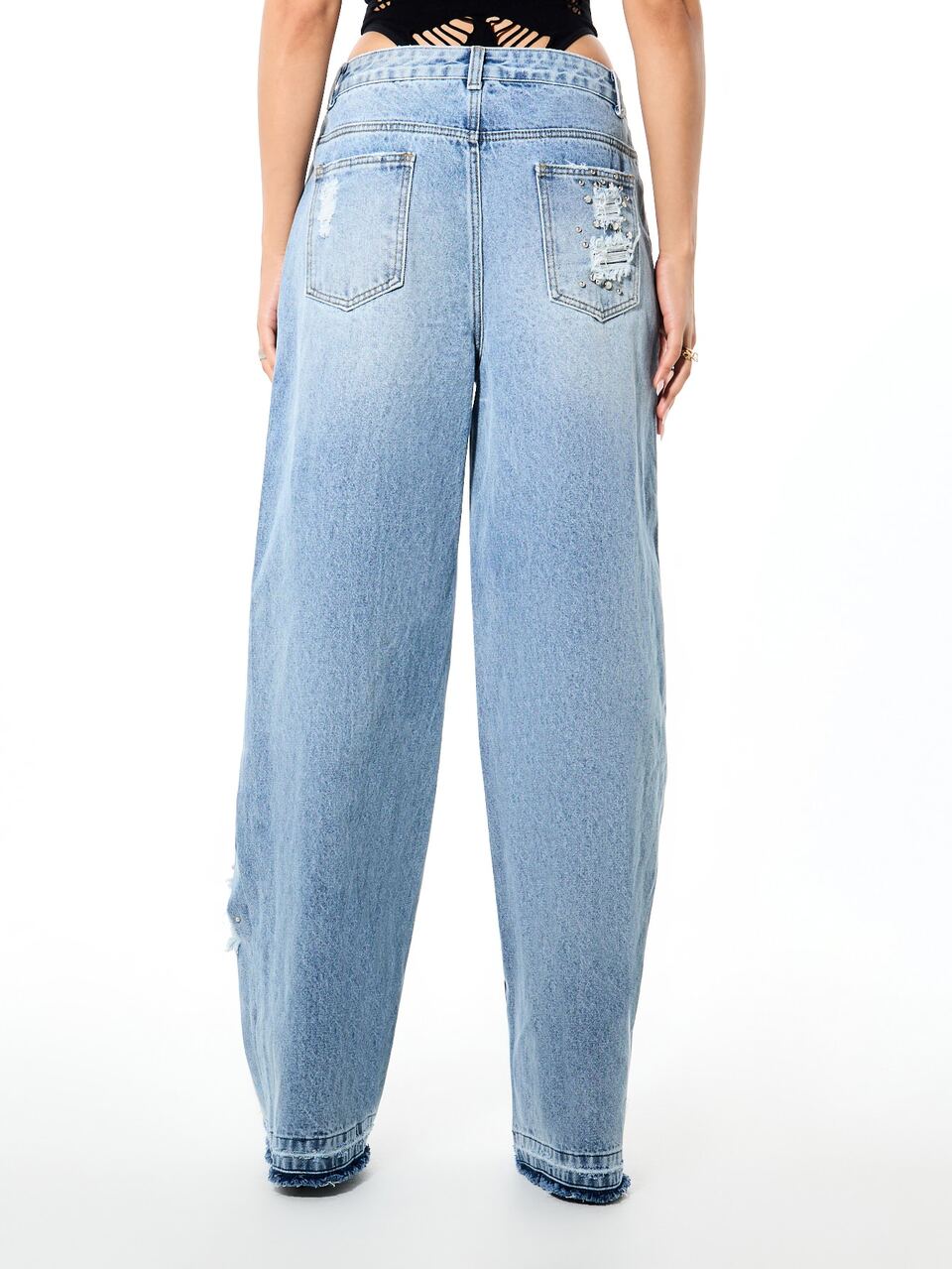 SUMWON WOMEN Distressed Wide Leg Baggy Denim Jeans With Stud Embellishments And Heavy Ripped Knee Details