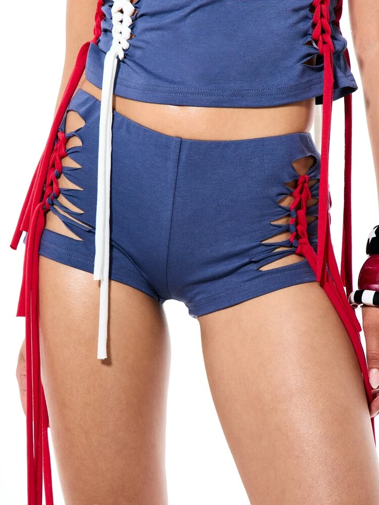 SUMWON WOMEN Low Waisted Booty Shorts With Braid Detail And Side Cutout Lace Up Design For Festival And Party